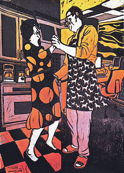 Artwork by Claire H., Advanced Program Online student - illustration of woman and man dancing in kitchen