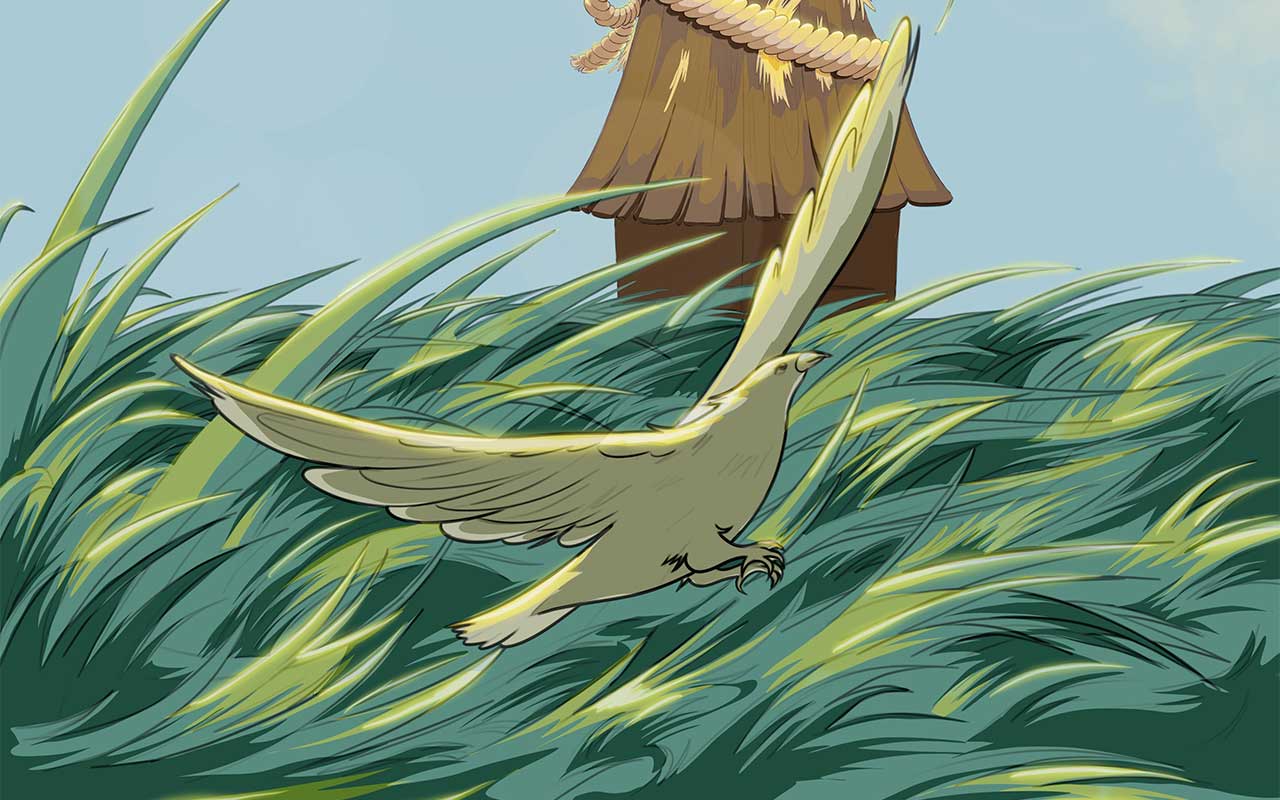 Student artwork: Illustration of bird flying above a field of grasses.