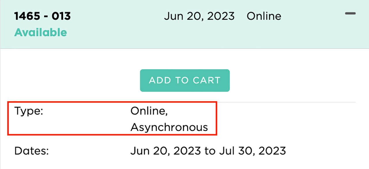 Asynchronous Online course format - screenshot of course registration system.