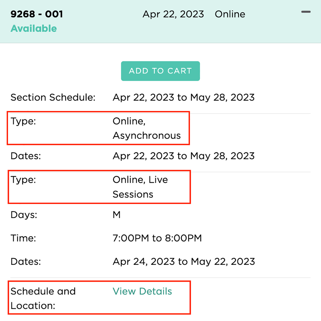 Asynchronous online course with live sessions type - screenshot of course registration system.