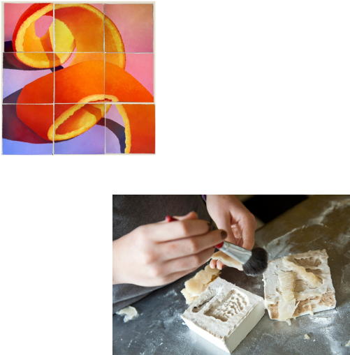A painting of an orange peel; a student brushing a plaster mold.