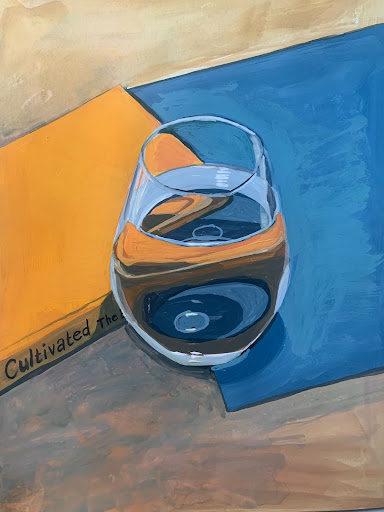 Painting of a glass against two color fields.
