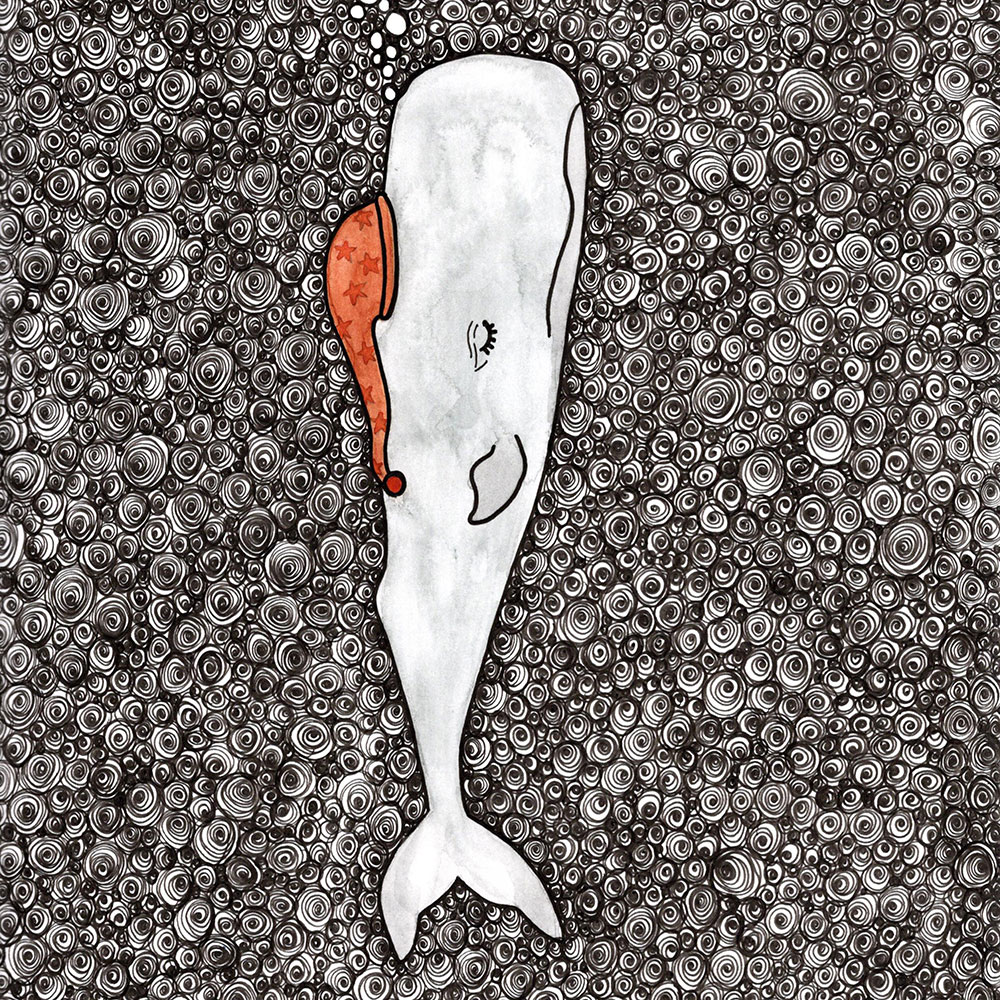 Illustration of a whale wearing a stocking cap.