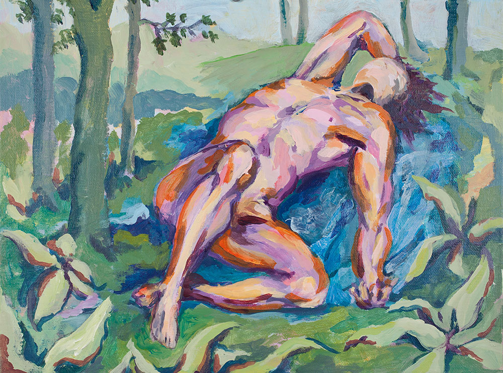 A painting of a human figure lying on a forest floor.