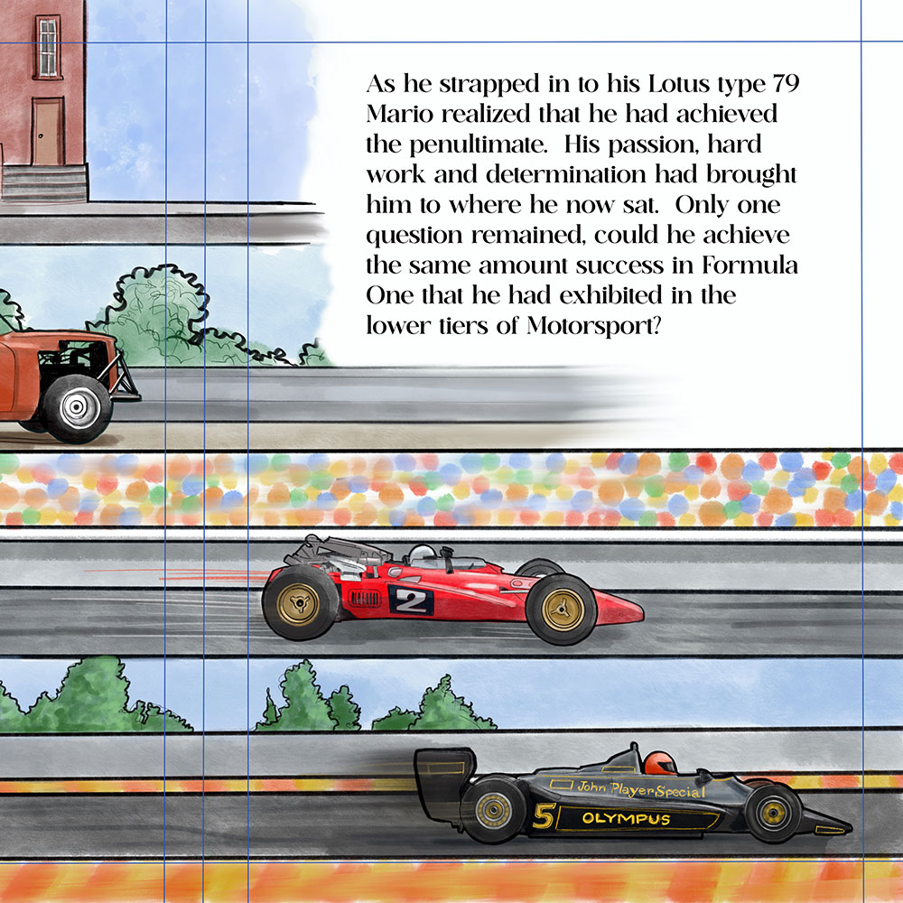 A children's book illustration of Formula One race cars.