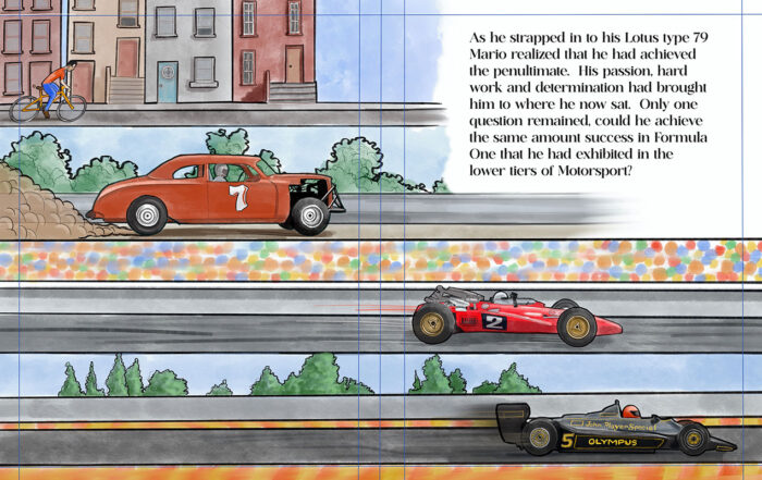 An illustration for a children's book with Formula one race cars.