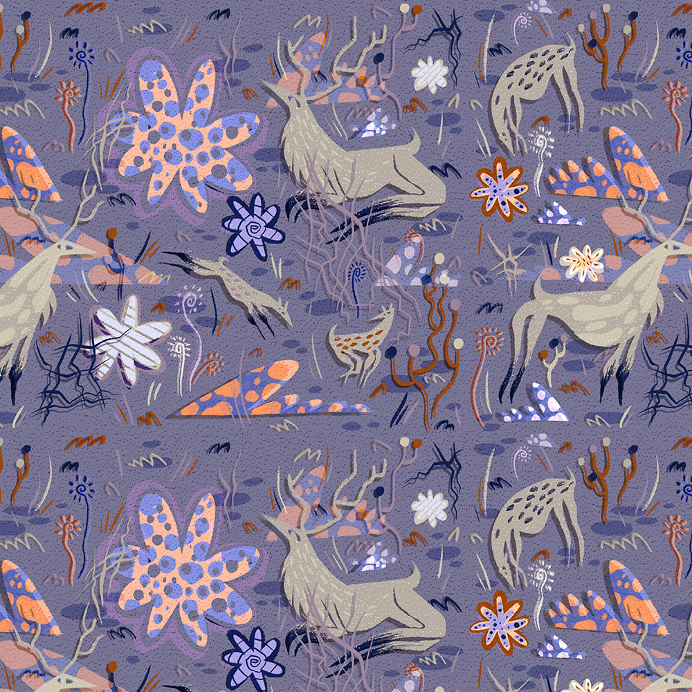 A surface pattern design of deer and vegetation.