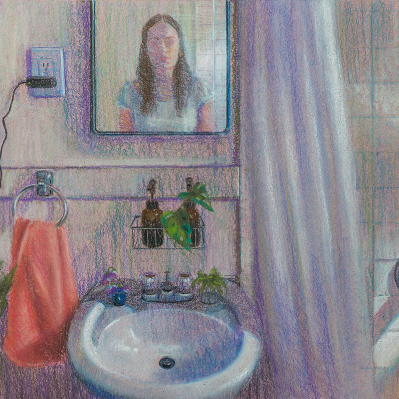 A pastel drawing of a bathroom.