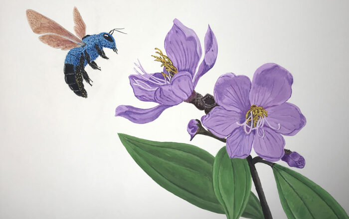 An illustration of a bee hovering over a flower.