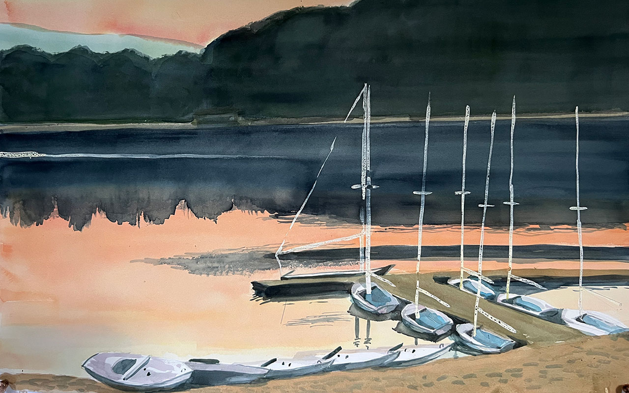 A watercolor landscape painting of sailboats along a body of water with sunset reflected in the water.