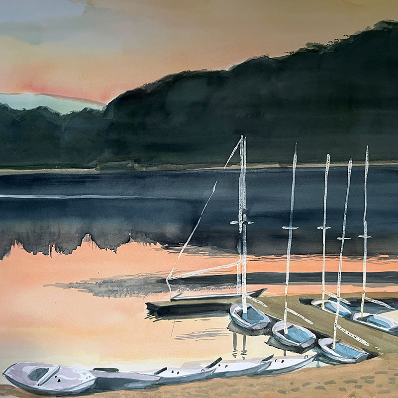 A painting of sailboats docked along a shoreline, with sunset reflecting in the water.