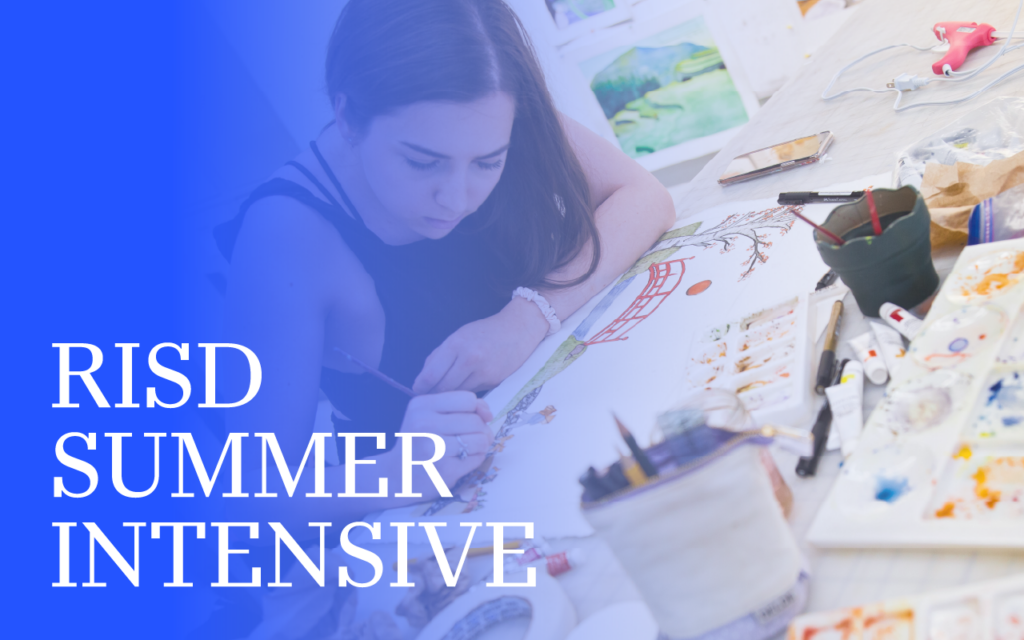 A girl works on an illustration in watercolor on a table