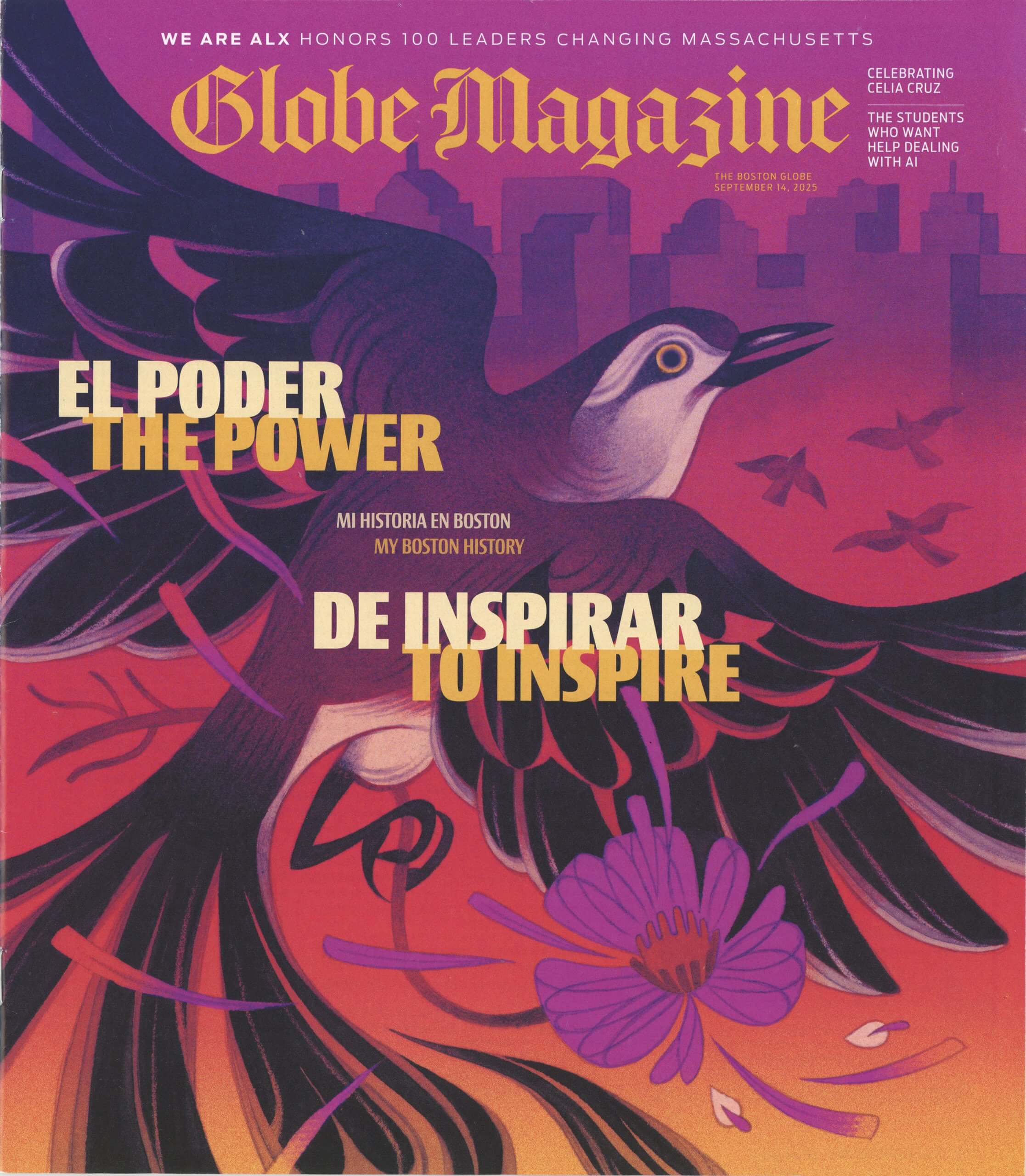 Cover illustration by Michelle Perez for Boston Globe Magazine; 2025 Hispanic Heritage Month cover. AD: Keilani Rodriguez