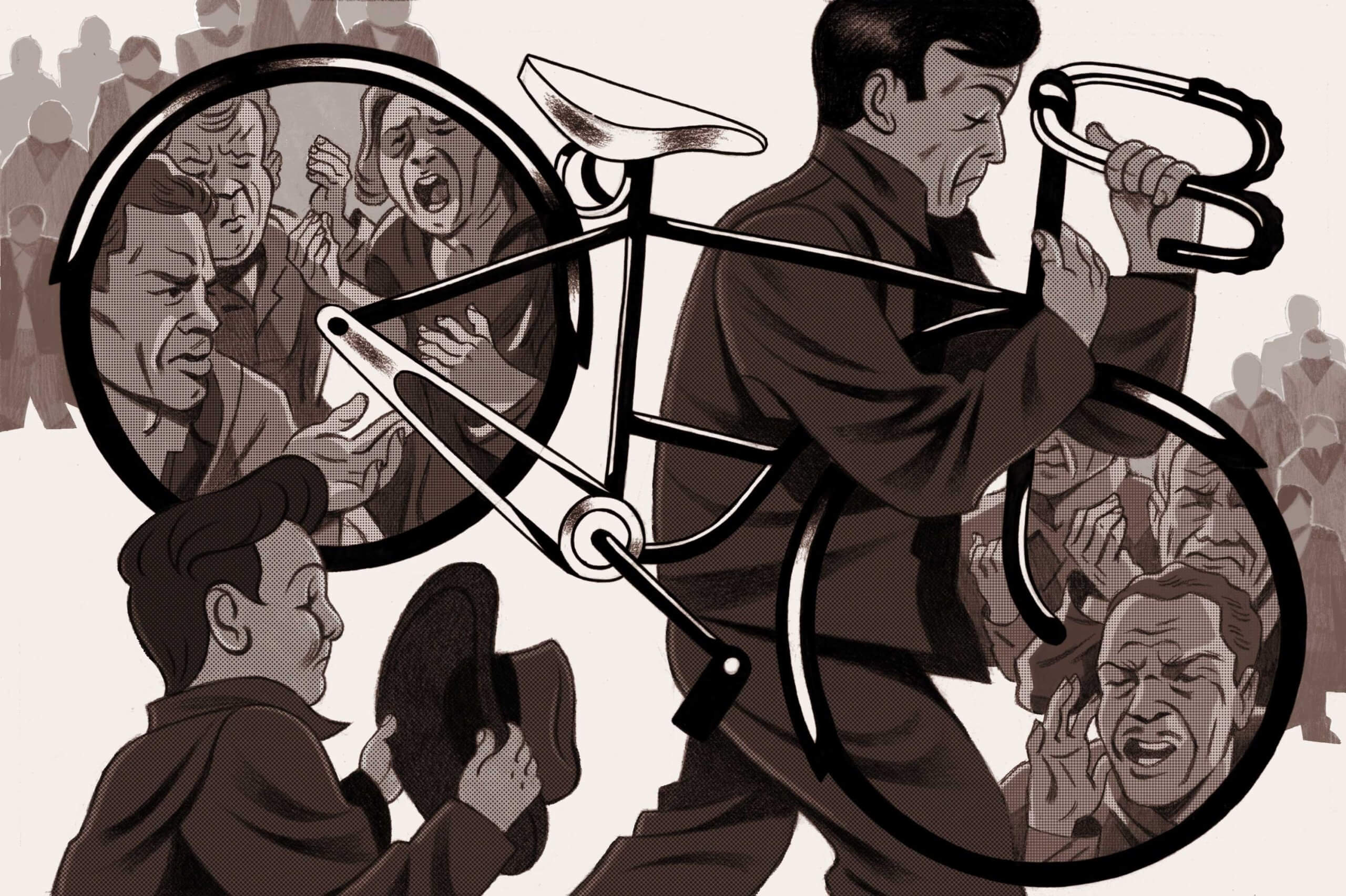 Illustration by Michelle Perez for a piece about the films of Vittorio de Sica; in reference to his 1948 film Bicycle Thieves. AD: Maxwell Paparella