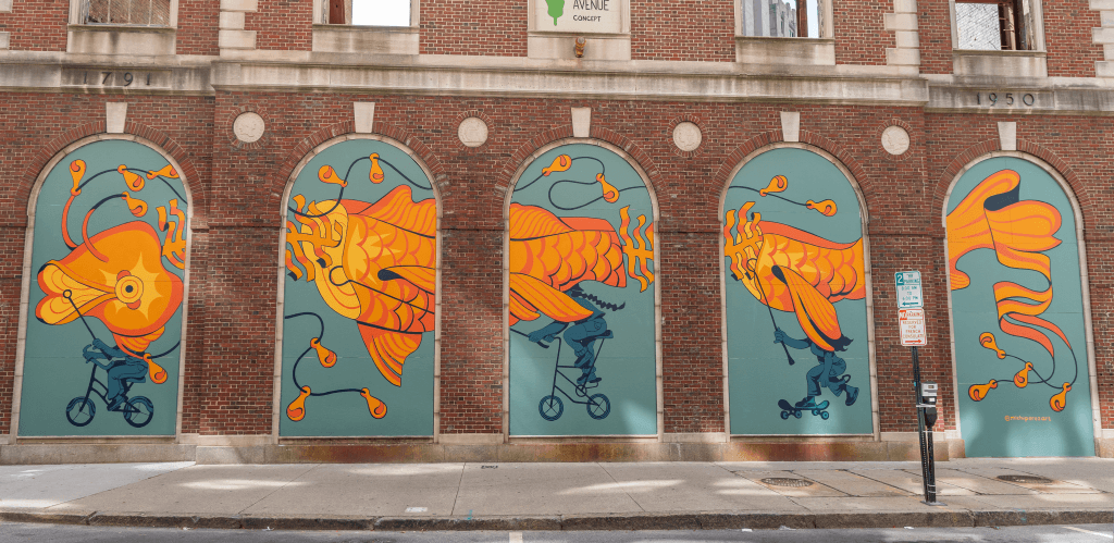 michelle-perez-mural-IMG_2222 Justin Case_cropped Weybosset Parade, an exterior mural painted on the facade of the Old Providence National Bank on Weybosset Street in downtown Providence, Rhode Island by Michelle Perez, summer 2023.