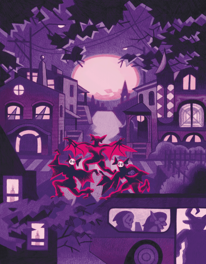 michelle-perez_motif_cover Illustration by Michelle Perez - MOTIF Magazine Halloween 2023 Cover featuring purple, black, pink and magenta colors.